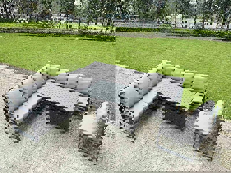 Fimous 7 Seater Aluminium Garden Furniture Set with Cushions, Patio Furniture Set with Adjustable Rising Dining Table - Dark Grey