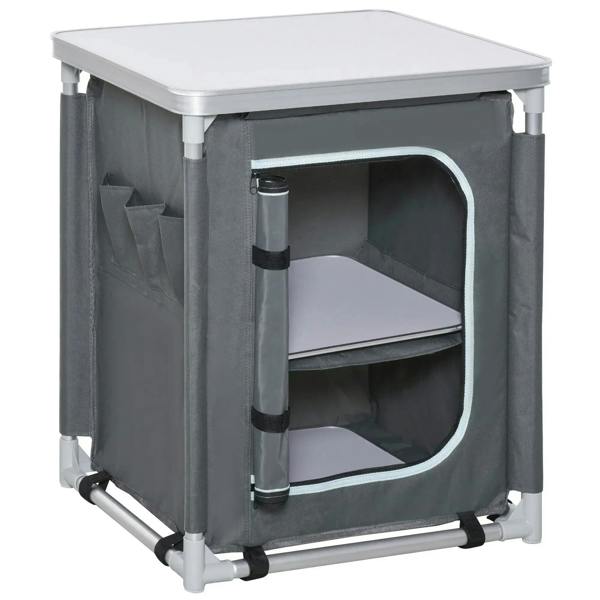 Grey 2-shelf camping cupboard with hinged front door, open storage compartment.