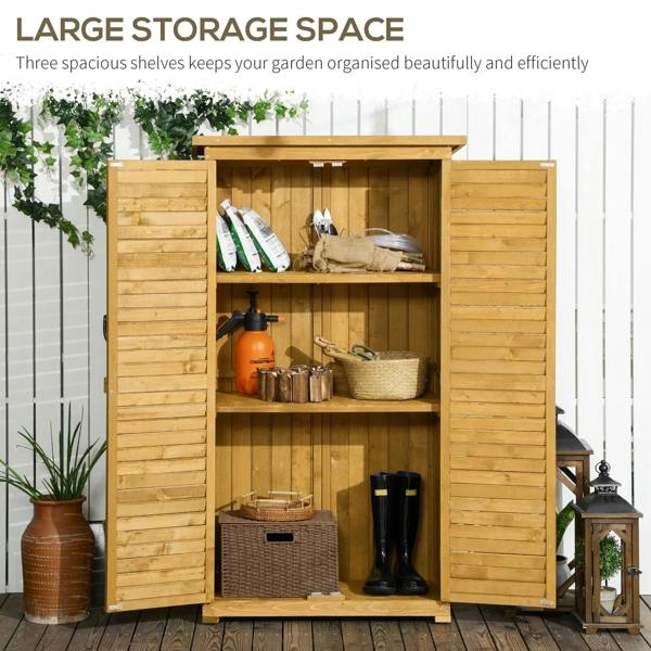 Wooden garden storage shed with open double doors and three shelves for tools, light wood