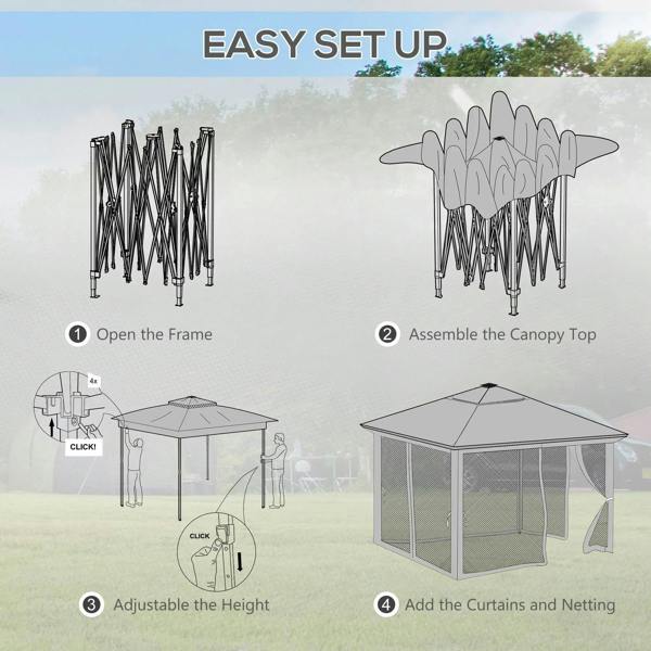 Grey pop-up gazebo tent with easy setup steps showing frame and height adjustment