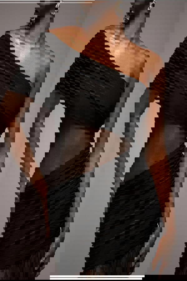 Gathered One Shoulder Sheer Panel Maxi Dress - Black DR4828