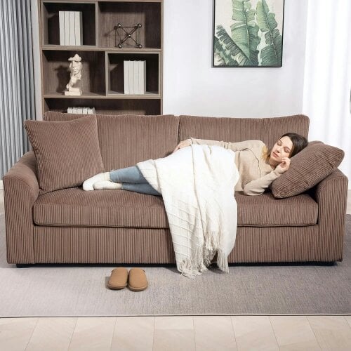 Bobobiy Modern 3 Seater Sofa with Spring Cushion, 212 cm Fabric Jumbo Cord Sofa Couch with 2 Scatter Cushions, Upholstered Corduroy Settee, Coffee
