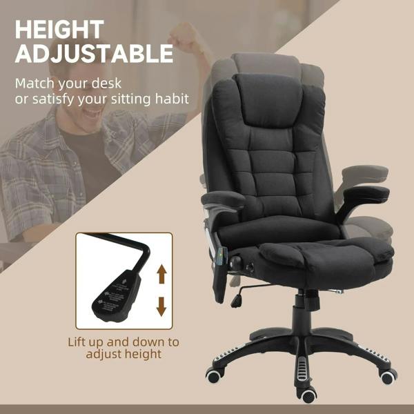 Black height-adjustable massage recliner chair with thick seat cushion and swivel base with casters