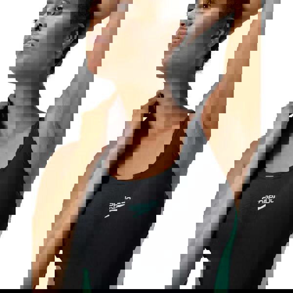 Sleek black and teal Speedo Colourblock 2.0 swimsuit with muscleback design