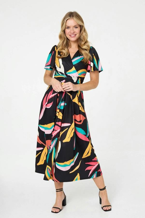 Green | Abstract Faux Wrap Tie Back Midi Dress