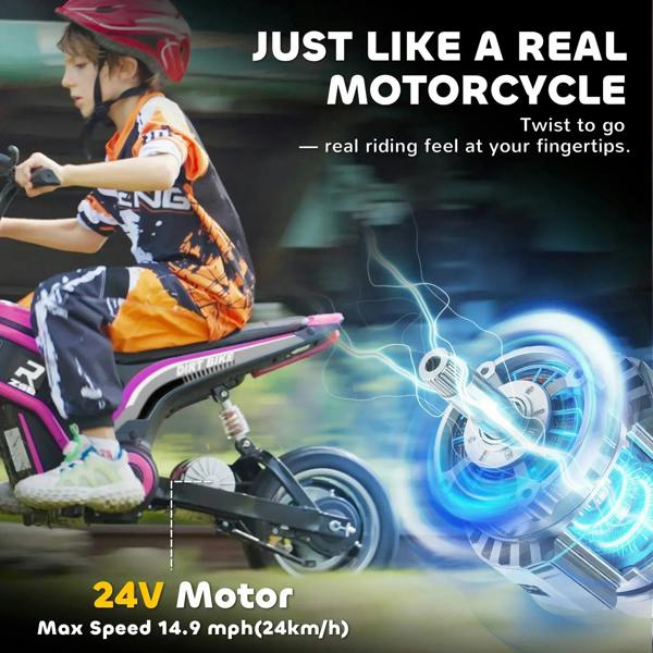Pink and black electric motorbike with rider on rocky path, knobby tires and headlight