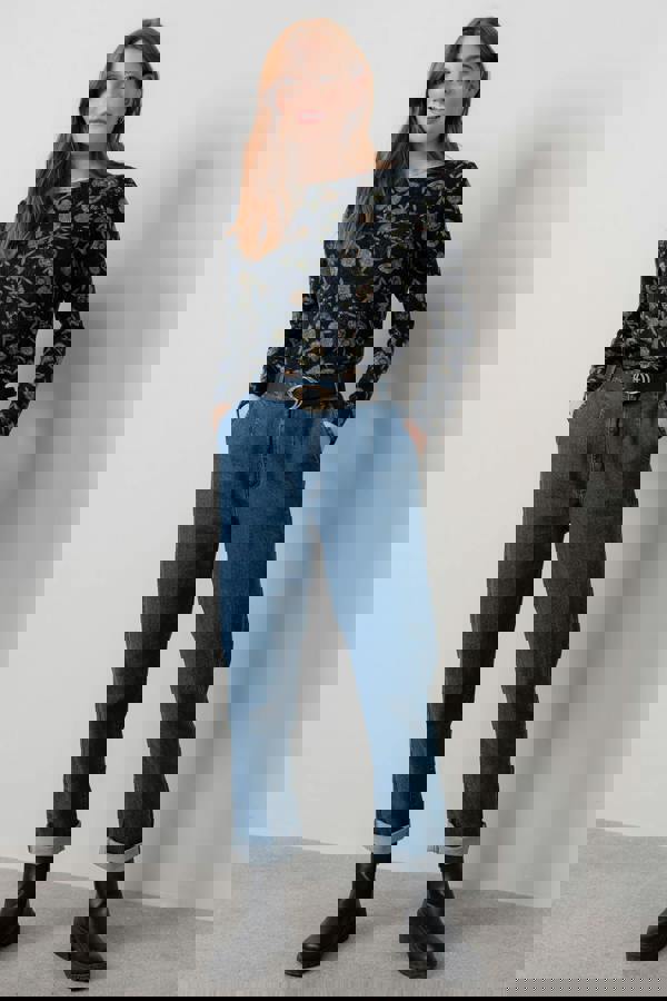 Lily & Me Angela Floral Print Knit Top Navy