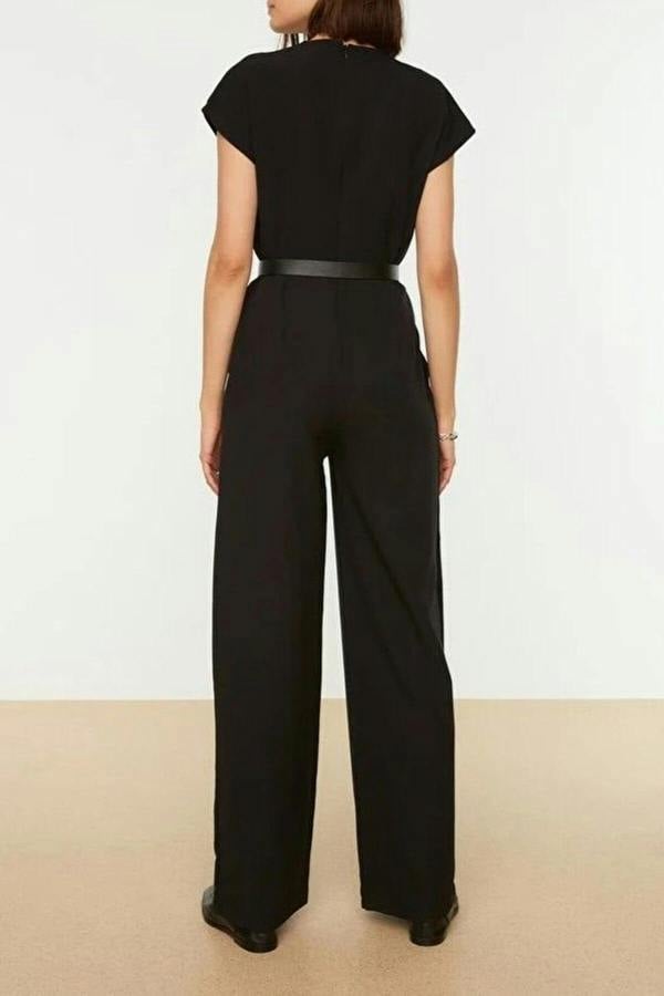 WOVCOR Wrap-Neck Wide-Leg Woven Jumpsuit with Belt