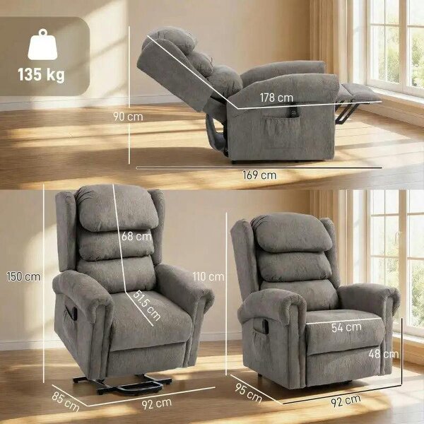 Velvet-Feel Electric Riser Recliner Chair, Power Lift Recliner Chair for Elderly with Remote Control, Dark Grey