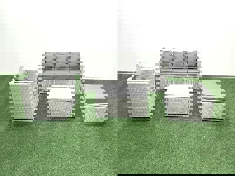 Fimous Rattan Garden Furniture Set with 3 Seater Sofa Chair Rectangular Coffee Table Big Footstool Light Grey Mixed 5 Seater