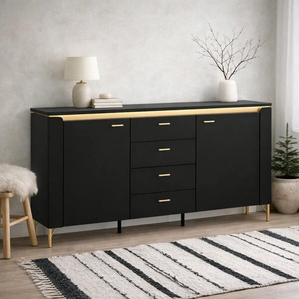Wyld Haus Marslet Black and Gold Sideboard 2 Door 4 Drawer with LED Lights