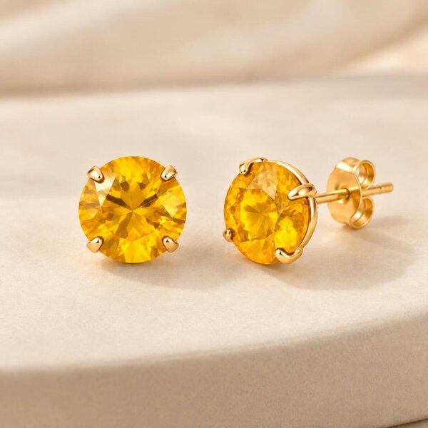 The Colourful Aura Gold Plated Round Coloured Stone Stud Earrings Blue Red Green Yellow Black - Yellow