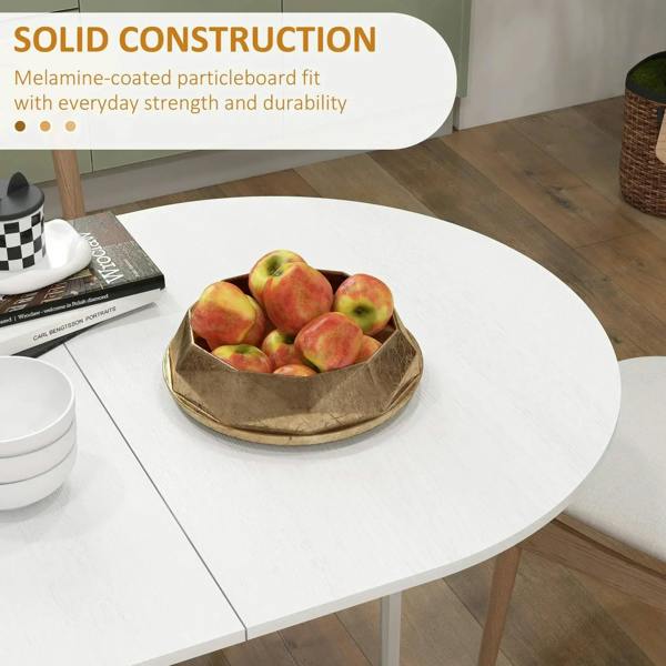 White oval drop-leaf folding dining table with smooth laminate tabletop and legs