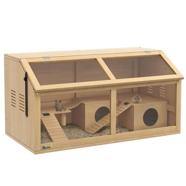 Wooden small animal cage with open top, platforms, suspension bridge, and hut interior.