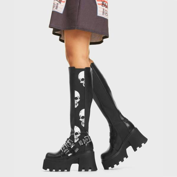 Lamoda Mayhem Women Knee High Black PU Boots Skull Detail Fashion Statement
