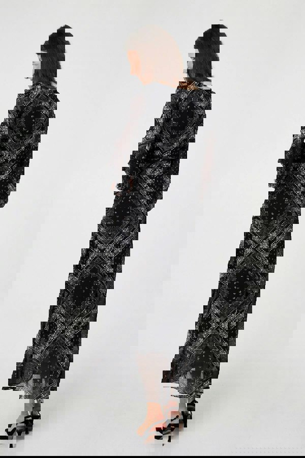 Black | Printed Long Sleeve Maxi Dress with Belt
