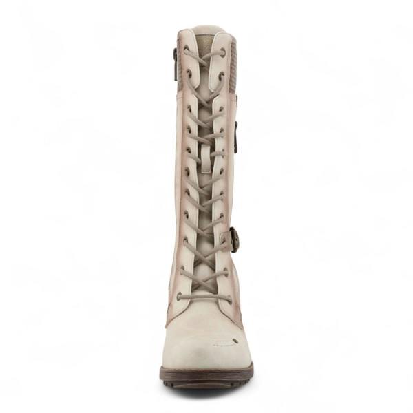 Mustang Women's Cream White Mid-Calf Lace Up Heeled Combat Boots