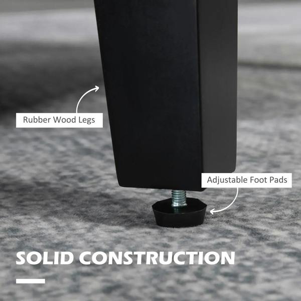 Blue armchair base detail with rubber wood legs and adjustable foot pads.