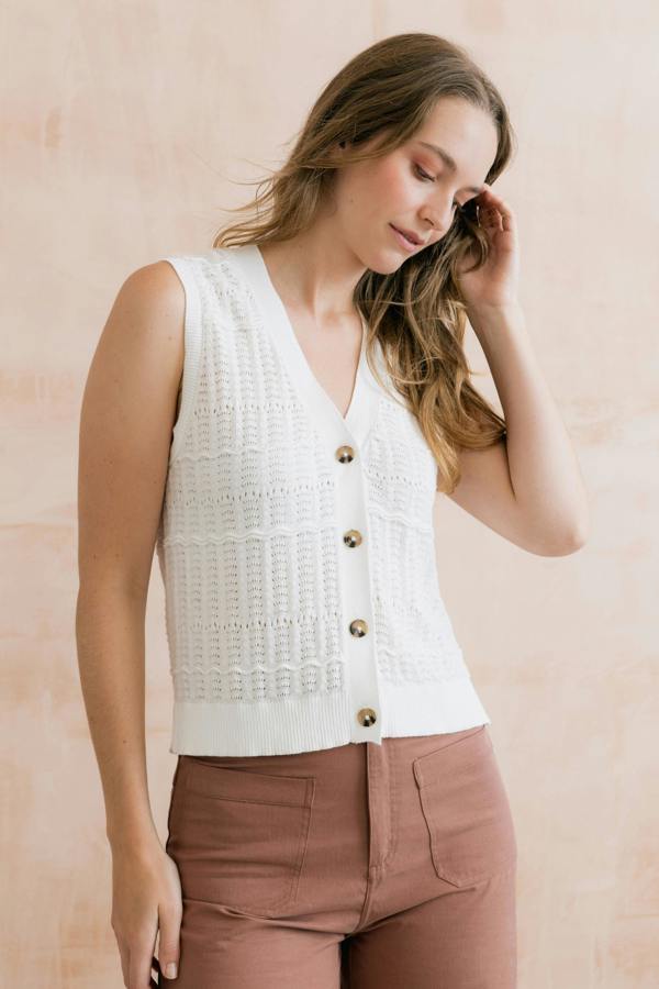 Sophie Pointelle Knit Sleeveless Waistcoat White