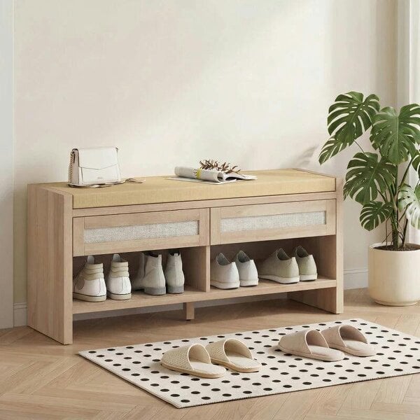 Boho Shoe Bench with 2 Rattan Drawers, Shoe Storage Bench with Cushioned Seat and Open Shelf Oak Wood Effect