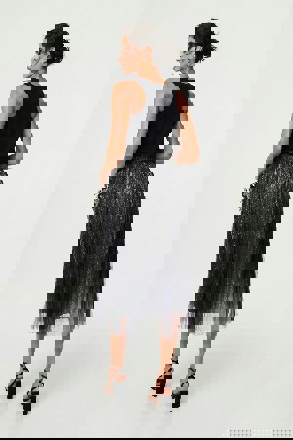 Black | Sparkly Semi Sheer High Waist Midi Skirt
