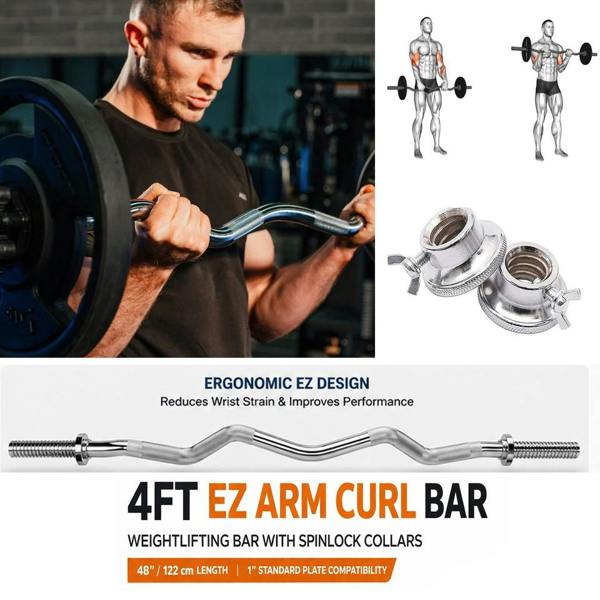4FT EZ Curl Bar Standard Steel Chrome Barbell Anti-Slip Grips and Spinlock Collars for Weightlifting, Bodybuilding Strength Training