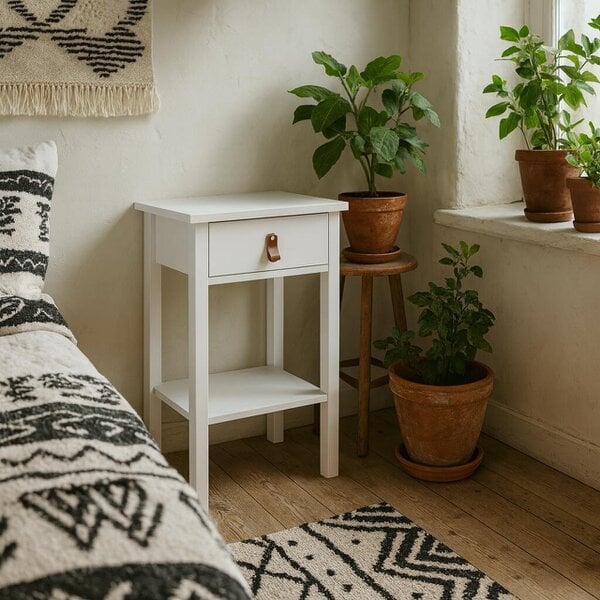 Wyld Haus Wildberry Matt White Wooden Bedside Table with 1 Drawer Bottom Shelf Leather Handles