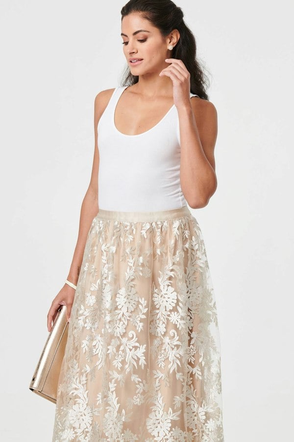 Cream | Floral Embellished High Waist Midi Skirt
