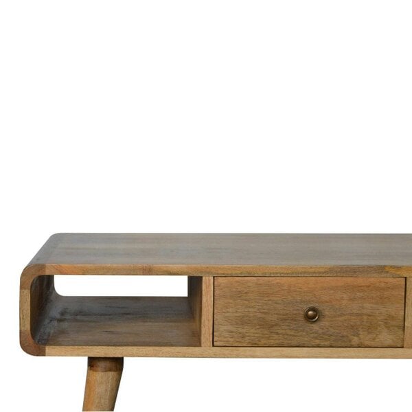 Wyld Haus Urbino Curved Oak Mango Wood Coffee Table 2 Side Drawers Open Shelves