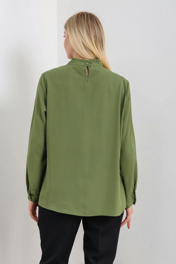 Hoxton Gal Oversized Ruffle Neck Top with Long Sleeves in Khaki