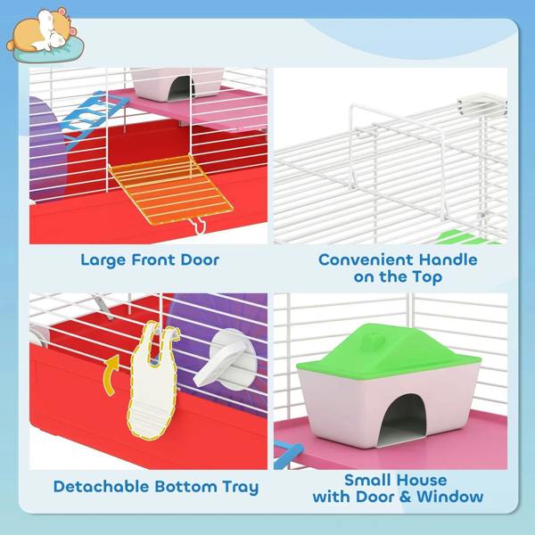 Hamster cage with large front door, top handle, detachable tray, and small house hideout.