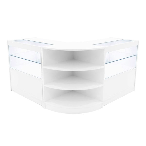 White Andromeda LED shop counter set featuring a sleek, curved design with glass display shelves and modern LED lighting