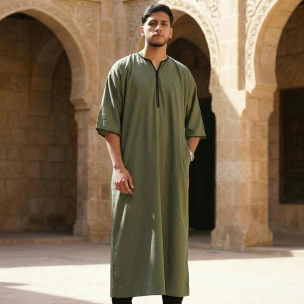 TT-006 - Men's Emirati Omani Half Sleeve Thobe - Olive - Thobez - 2