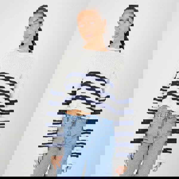 Brave Soul White Striped Cropped Knitted Jumper - White Image 1