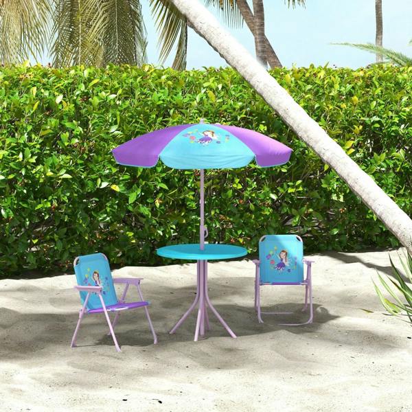Kids fairy-themed outdoor set with purple parasol, round blue table, and two blue chairs