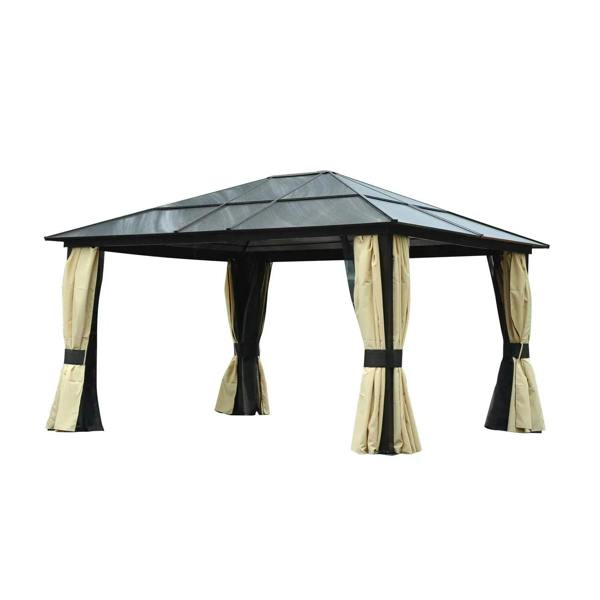 Hardtop gazebo canopy with black roof and beige-and-black curtain panels