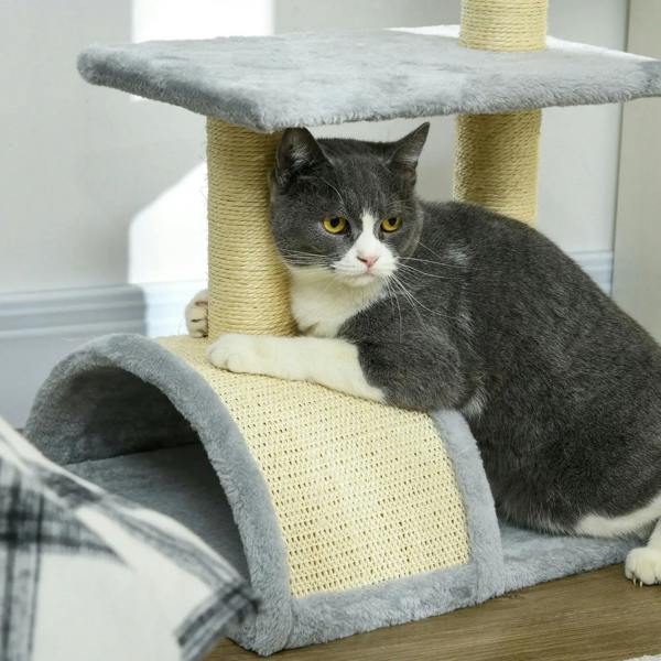 Light grey cat tree with arched tunnel bed and top plush perch