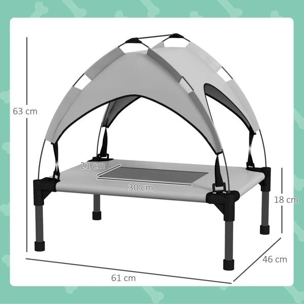 Light grey raised pet bed dimensions diagram: 61x46x63 cm canopy frame