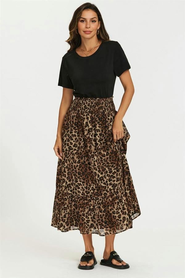 FS Collection Gold Foil Leopard Print Midi Skirt In Brown