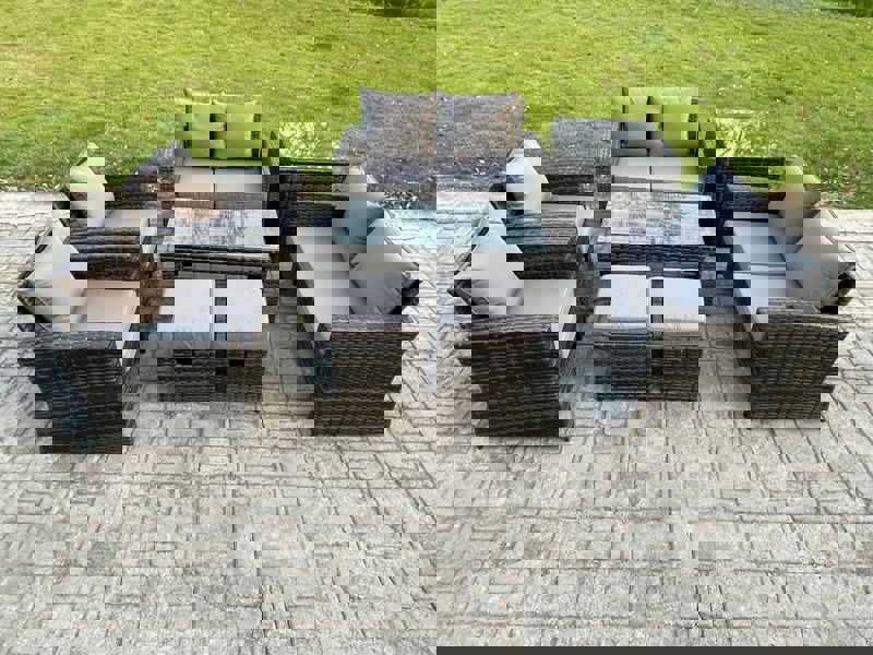 Fimous 8 Seater Dark Grey Mixed High Back Rattan Outdoor Sofa Set - Coffee Table, Loveseat, Armchairs & 2 Footstools