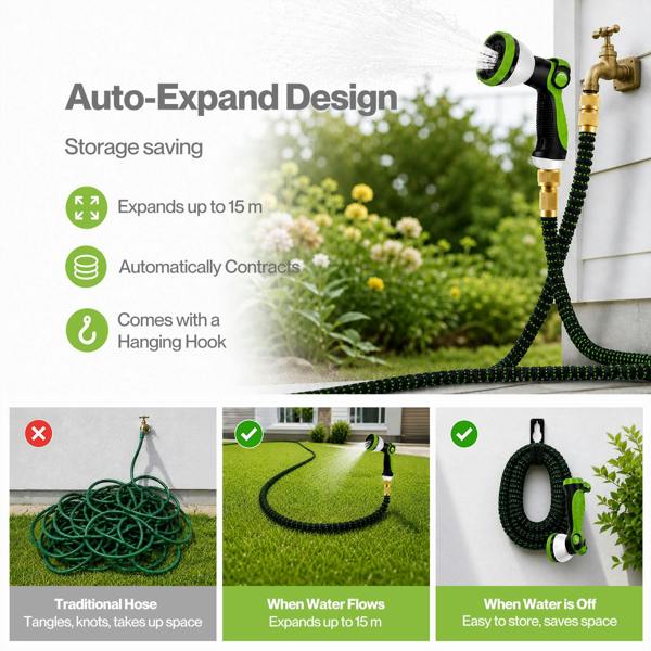 Traderight Expandable Garden Hose 5m to 15m 10-Pattern Nozzle Kink-Free Green