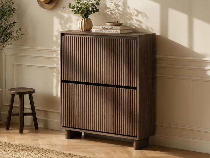 SOLACE+CO Velmor Slim Ribbed 2 Drawer Tilt Out Shoe Cabinet -Walnut