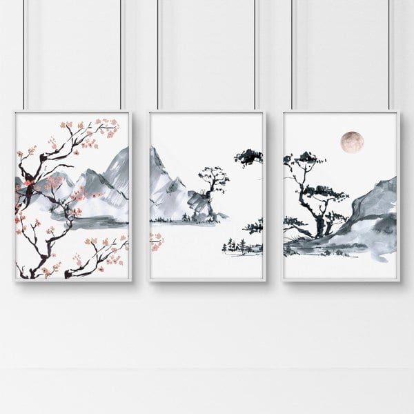 Japanese landscape painting | set of 3 Bedroom wall art