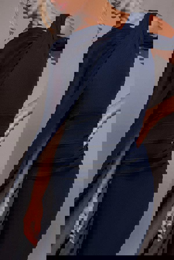 One Shoulder Chiffon Cape Crepe Maxi Dress - Navy Blue DR4982