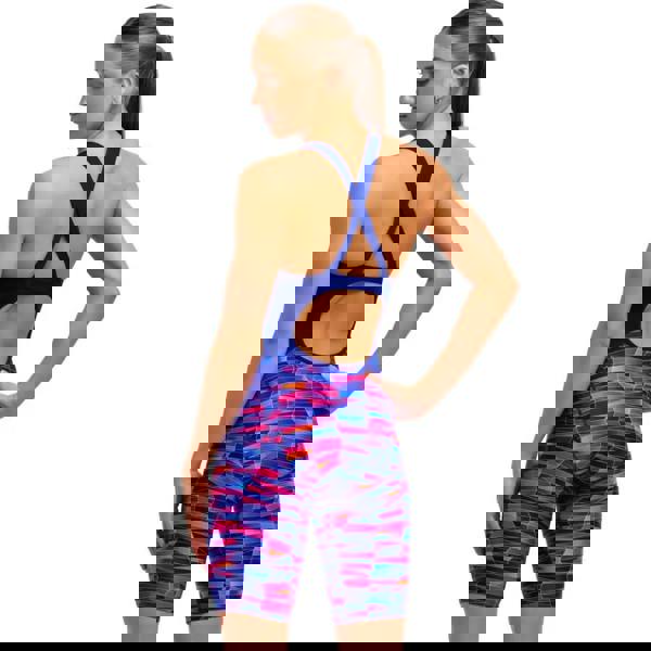 Funkita Warped Waves Fast pink blue patterned bodysuit with crisscross back