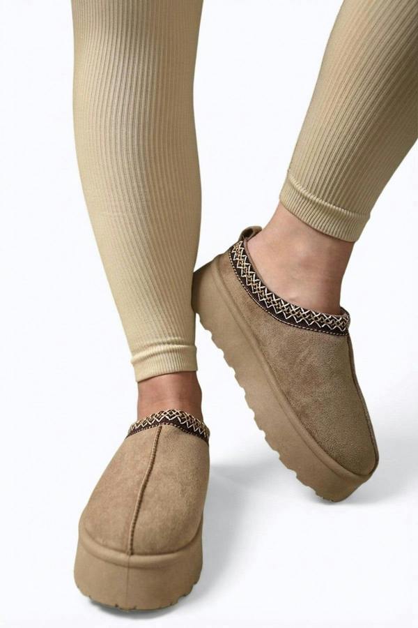 Jolene Aztec Detail Low Ankle Platform Slipper Boots - Camel_wb