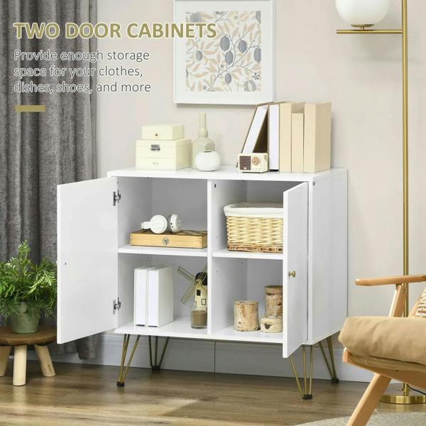 White cabinet sideboard with two hinged doors, interior shelves, and brass hairpin legs