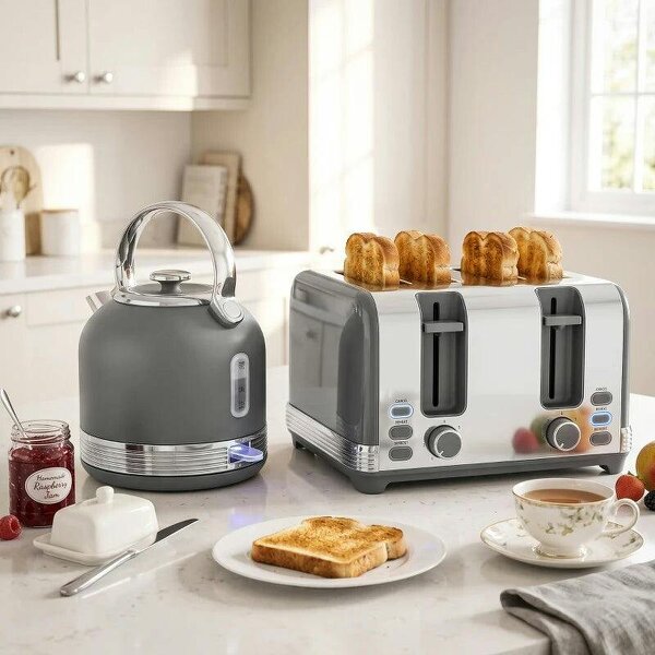 Stainless Steel Kettle and Toaster Set, 1.7L 3000W Cordless Fast Boil Kettle, 4 Slice Toaster Kitchen Set, Grey