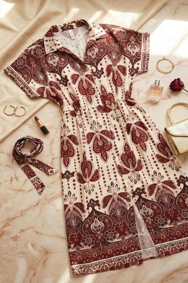 Lianne Collared Short Sleeve Midi Dress With Tie Waist - Red