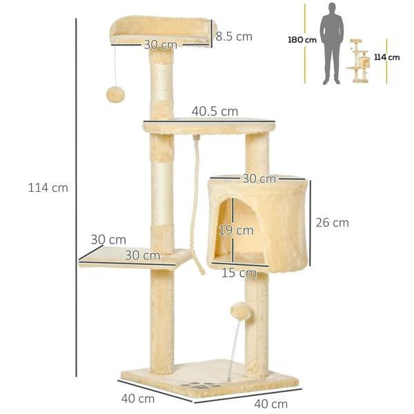 Beige 4-tier cat tree with multiple platforms, condo, and sisal scratching posts